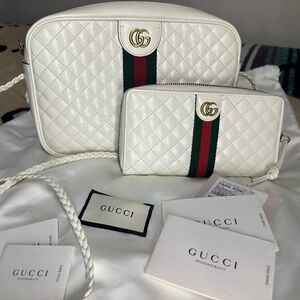 Gucci White Quilted Leather & Web Trapuntata Crossbody with matching wallet